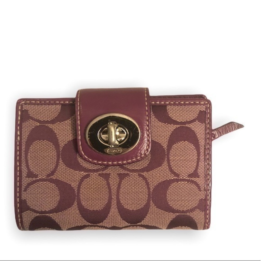 Coach signature purple burgundy maroon vintage y2k c compact turnlock wallet
